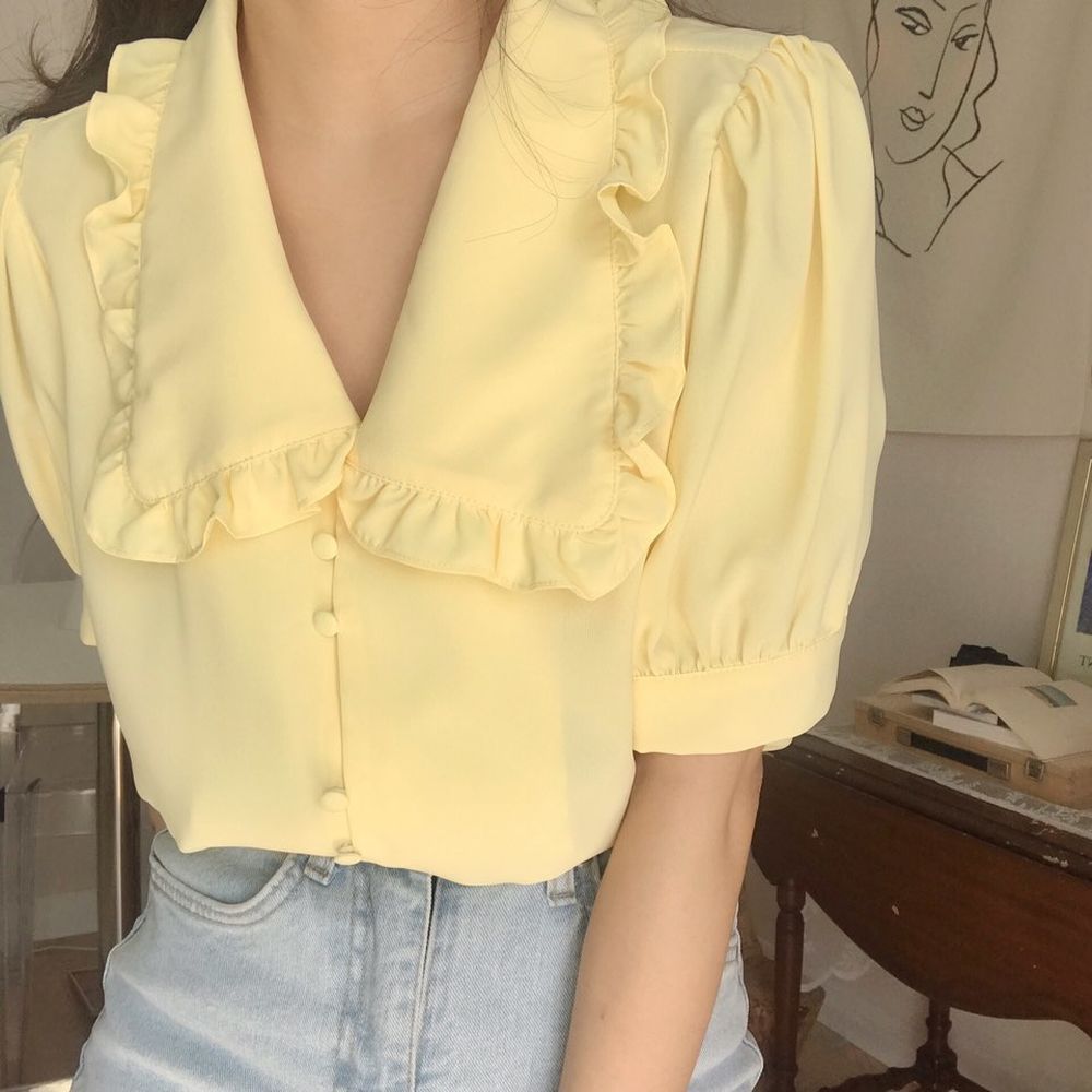 Sweet Short White Chiffon Blouse Women Ruffled Slim Women Shirt Tops Korean ARZ