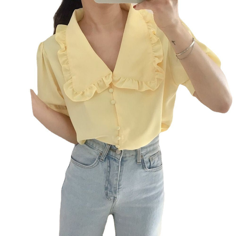 Sweet Short White Chiffon Blouse Women Ruffled Slim Women Shirt Tops Korean ARZ