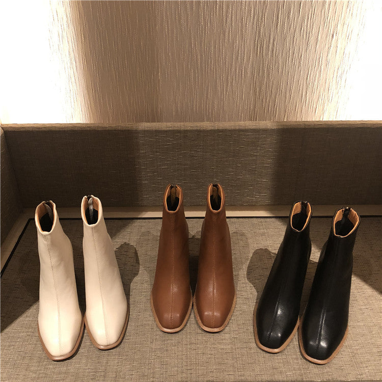 Dongdaemun Same Style Simple And Versatile Square Toe Thick Heel Mid-Heel Short Boots Women'S Boots ARZ