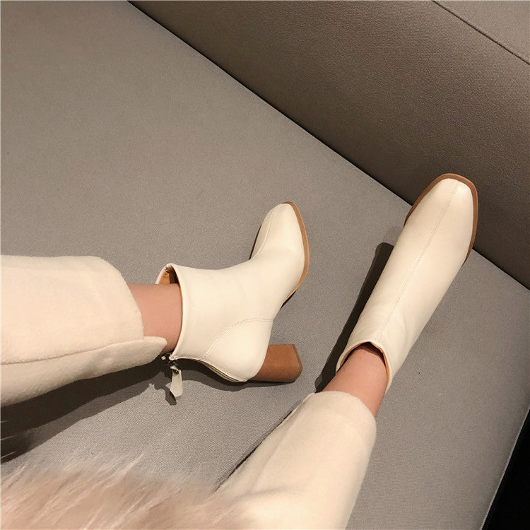 Dongdaemun Same Style Simple And Versatile Square Toe Thick Heel Mid-Heel Short Boots Women'S Boots ARZ