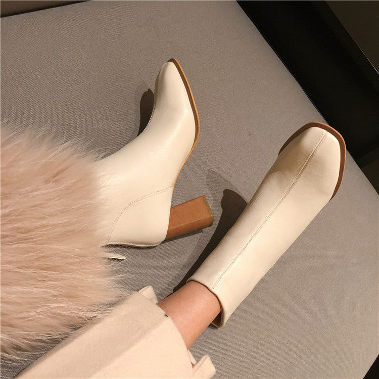 Dongdaemun Same Style Simple And Versatile Square Toe Thick Heel Mid-Heel Short Boots Women'S Boots ARZ