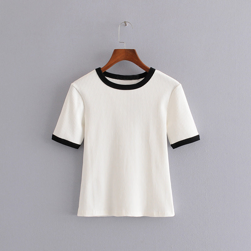 T-Shirt Vintage TRAF Short-Sleeve Ribbed O-Neck Female Chic Women Fashion Patchwork Top-Tees ARZ