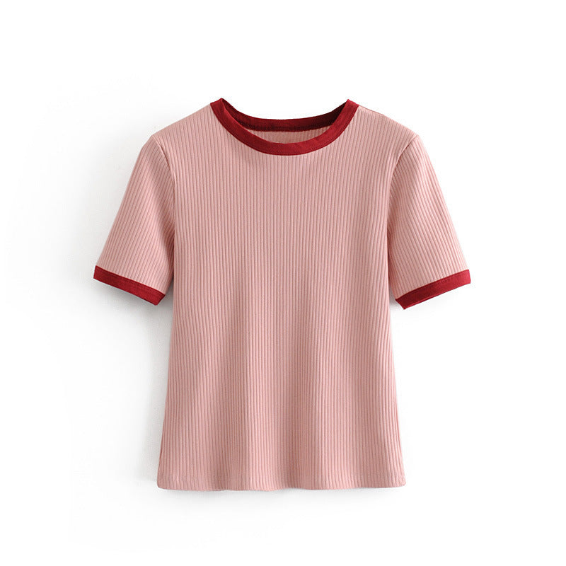 T-Shirt Vintage TRAF Short-Sleeve Ribbed O-Neck Female Chic Women Fashion Patchwork Top-Tees ARZ