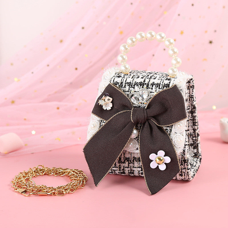 Fashionable Diamond Water Drop Big Bow Knot Portable Pearl Diagonal Children's Bag ARZ