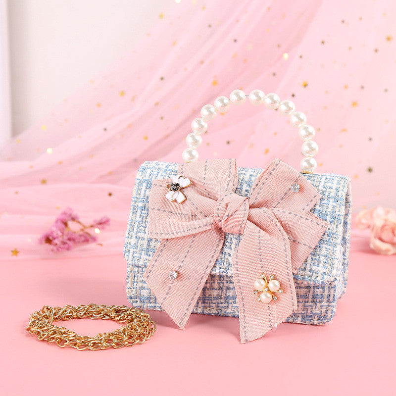 Fashionable Diamond Water Drop Big Bow Knot Portable Pearl Diagonal Children's Bag ARZ