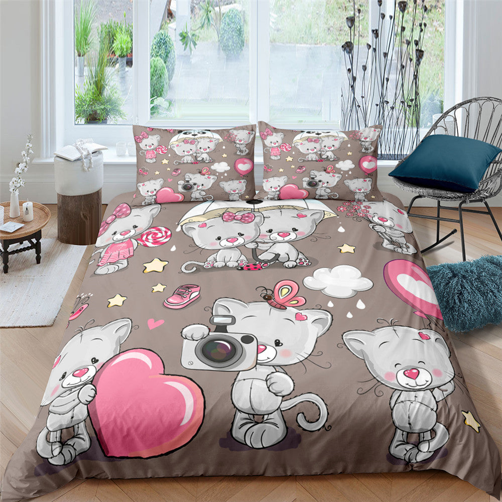 3D Digital Printing Plaid Bear Quilt Cover Three-piece Set And Four-piece Bed Sheet Set ARZ