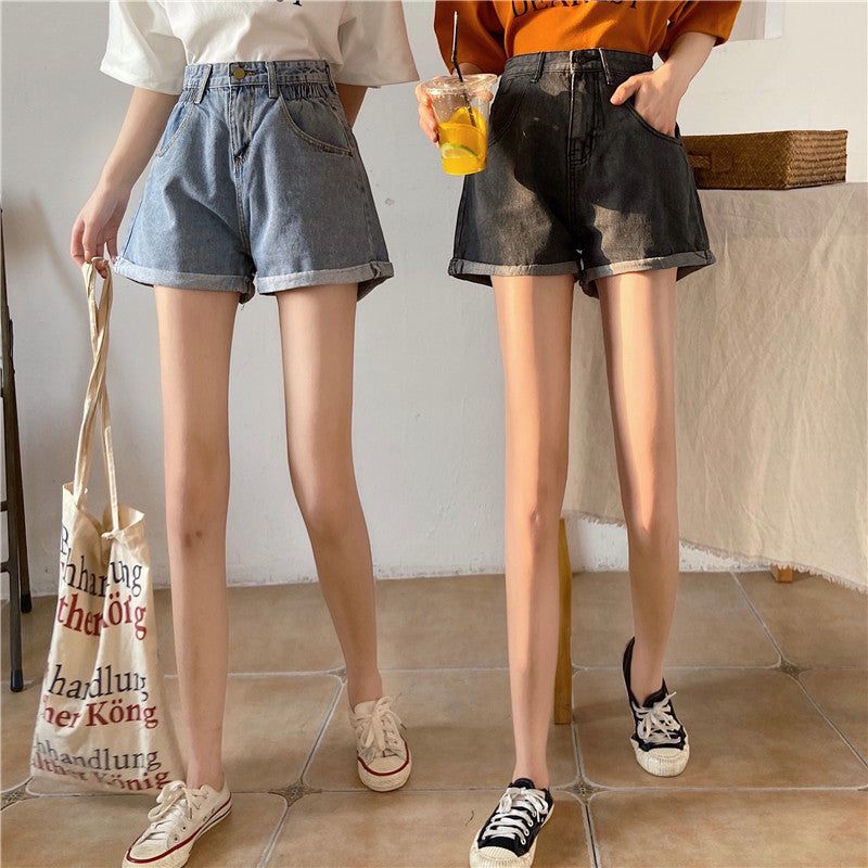 Denim Shorts Women's Trousers Wide-leg Pants Loose Straight-leg Curled A-line Pants ARZ