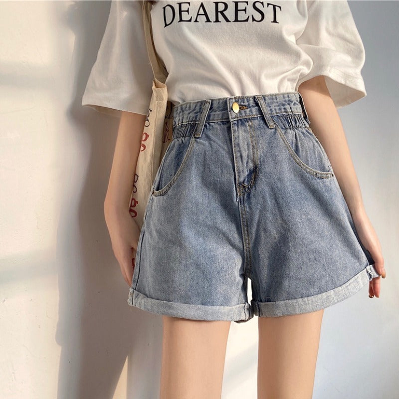 Denim Shorts Women's Trousers Wide-leg Pants Loose Straight-leg Curled A-line Pants ARZ