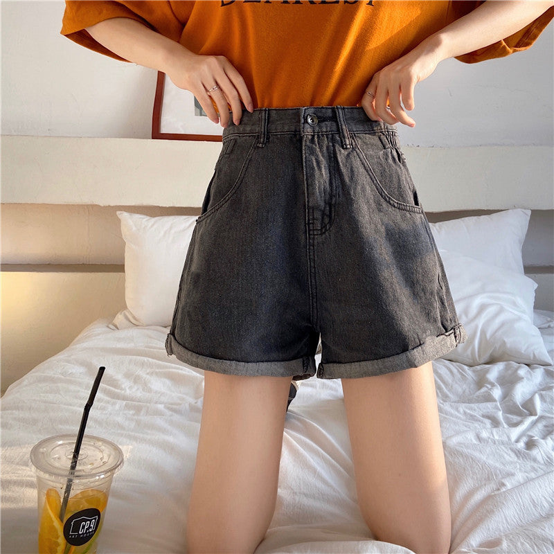 Denim Shorts Women's Trousers Wide-leg Pants Loose Straight-leg Curled A-line Pants ARZ