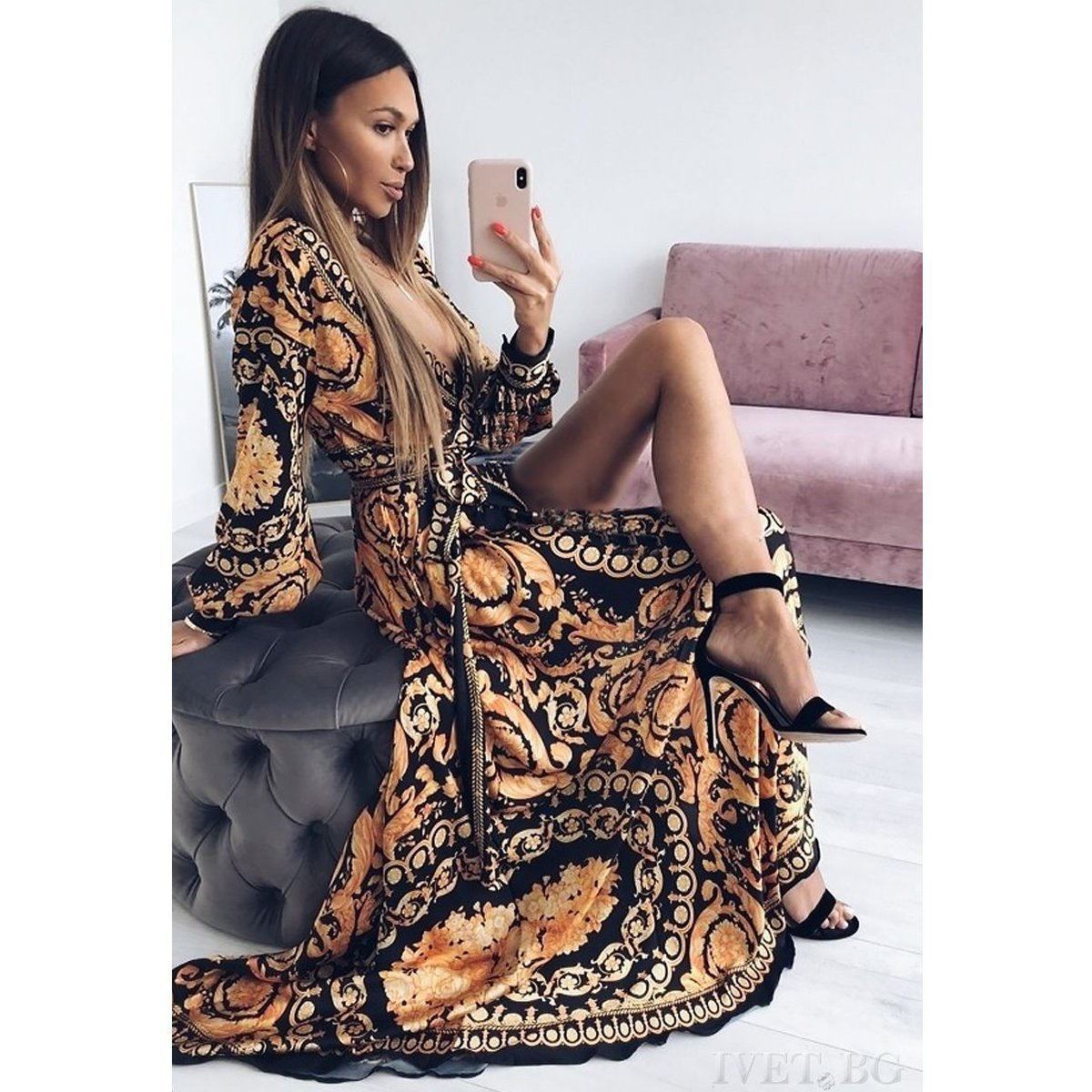 Slit Dress Printed V-neck Pullover Long Skirt ARZ