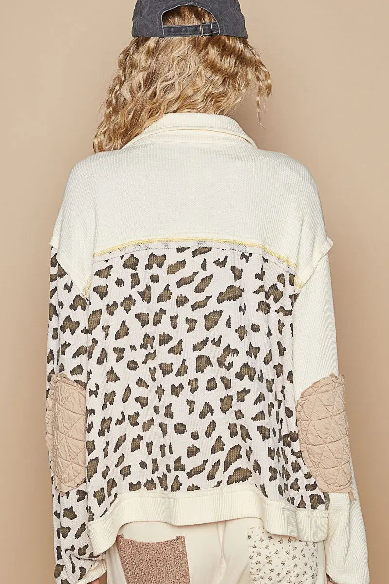 POL Leopard Exposed Seam Button Up Quilted Jacket Trendsi