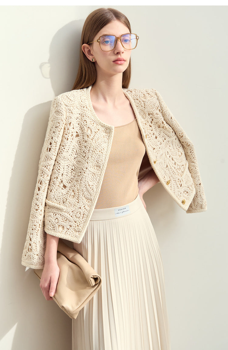 Women's Round Neck Crocheted Texture Coat Loose Short Padded Shoulder Top ARZ