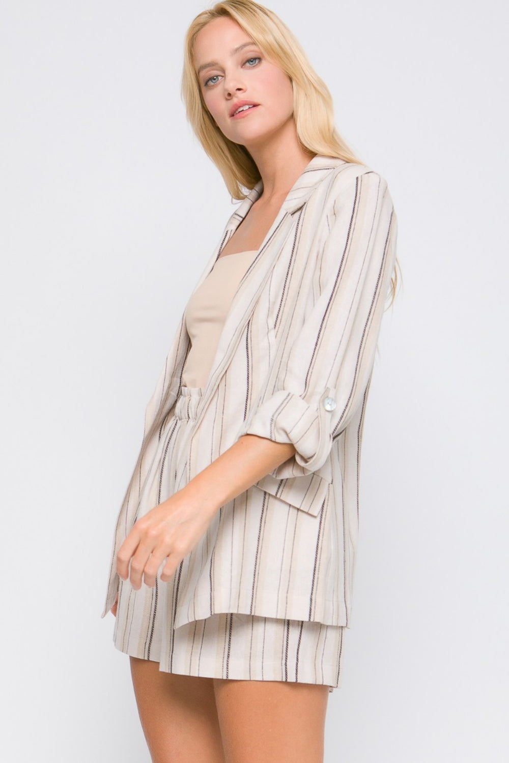 Love Tree Linen Woven Striped Blazer Trendsi