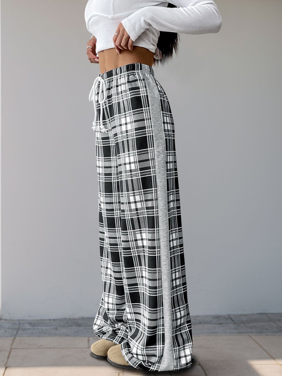 Perfee Drawstring Plaid Wide Leg Pants Trendsi