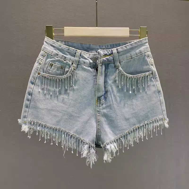 Summer High Waist Slimming Edging Heavy Industry Rhinestone Tassel Denim Shorts ARZ