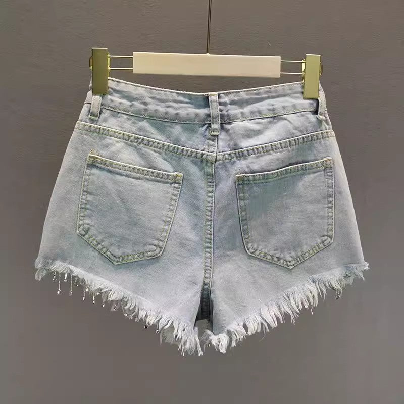 Summer High Waist Slimming Edging Heavy Industry Rhinestone Tassel Denim Shorts ARZ