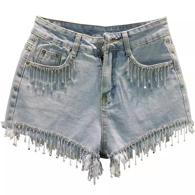 Summer High Waist Slimming Edging Heavy Industry Rhinestone Tassel Denim Shorts ARZ