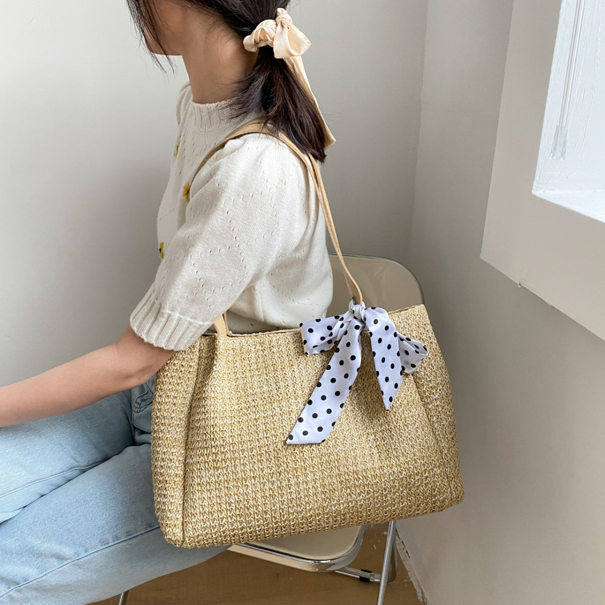 Straw Woven Leather Strap Handbag Trendsi