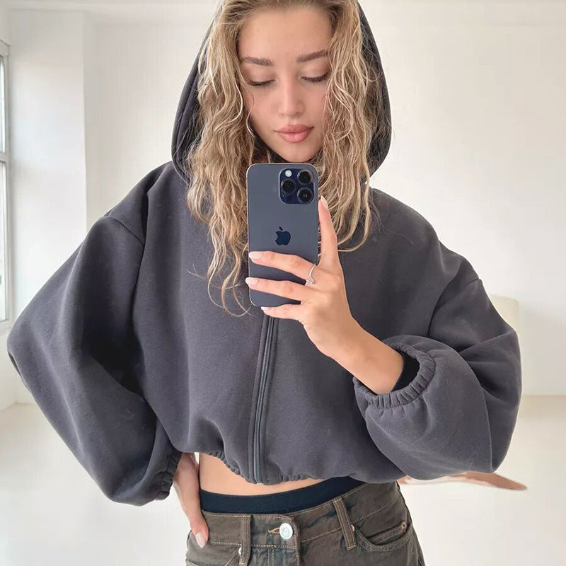 Casual Solid Color Hooded Short Jacket Y2K Fashion Sports Sweatshirt Long Sleeve Zip Up Cardigan Hoodies Women's Clothing ARZ