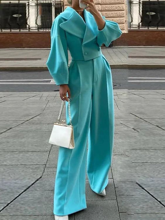 Solid Color Lapel Short Jacket & High Waist Pants Suit ARZ