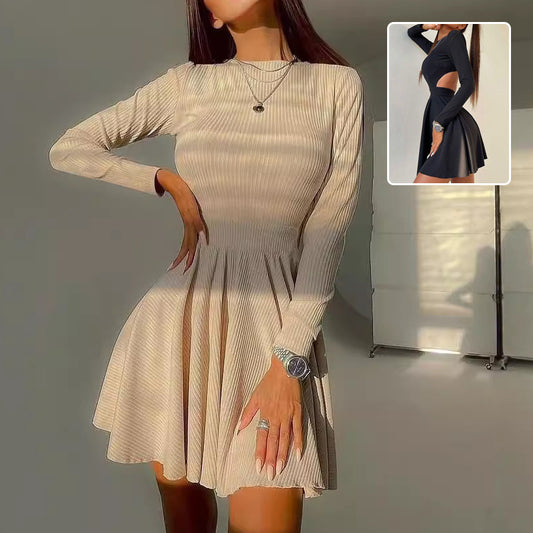 Y2K Long-sleeved Dress With Hollow Design Fashion Solid Color Round Neck A-line Dresses Fall Wainter Women's Clothing ARZ