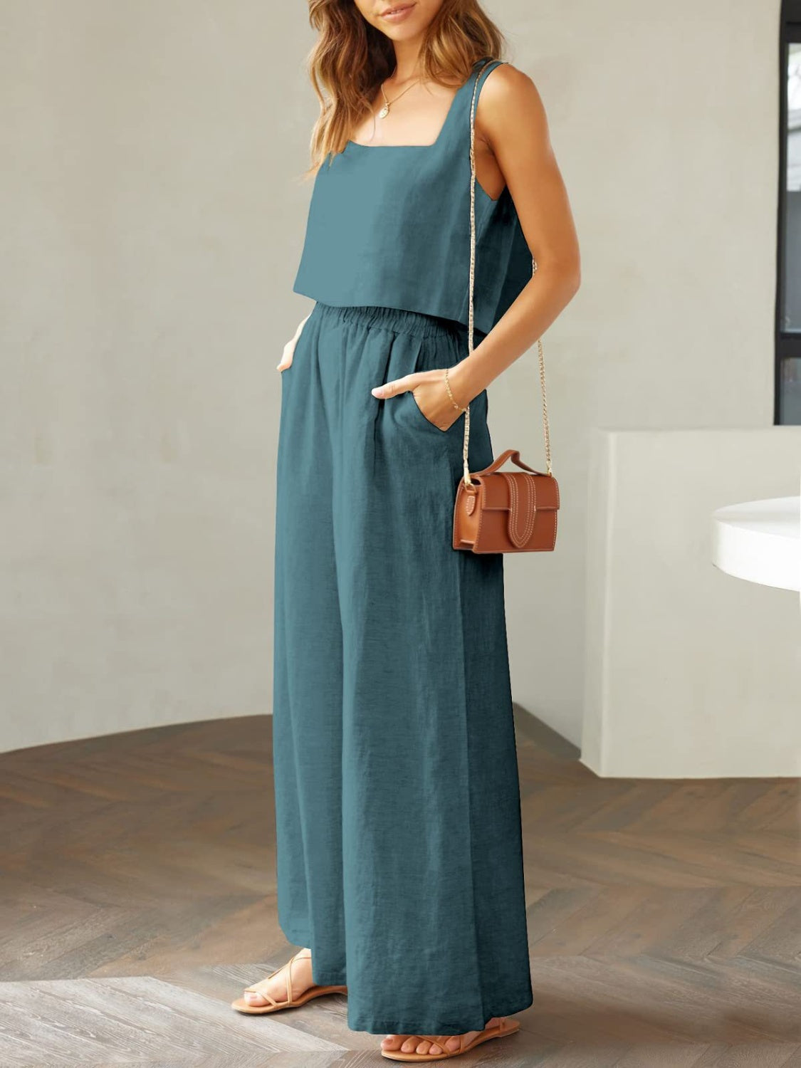 Square Neck Top and Wide Leg Pants Set Trendsi