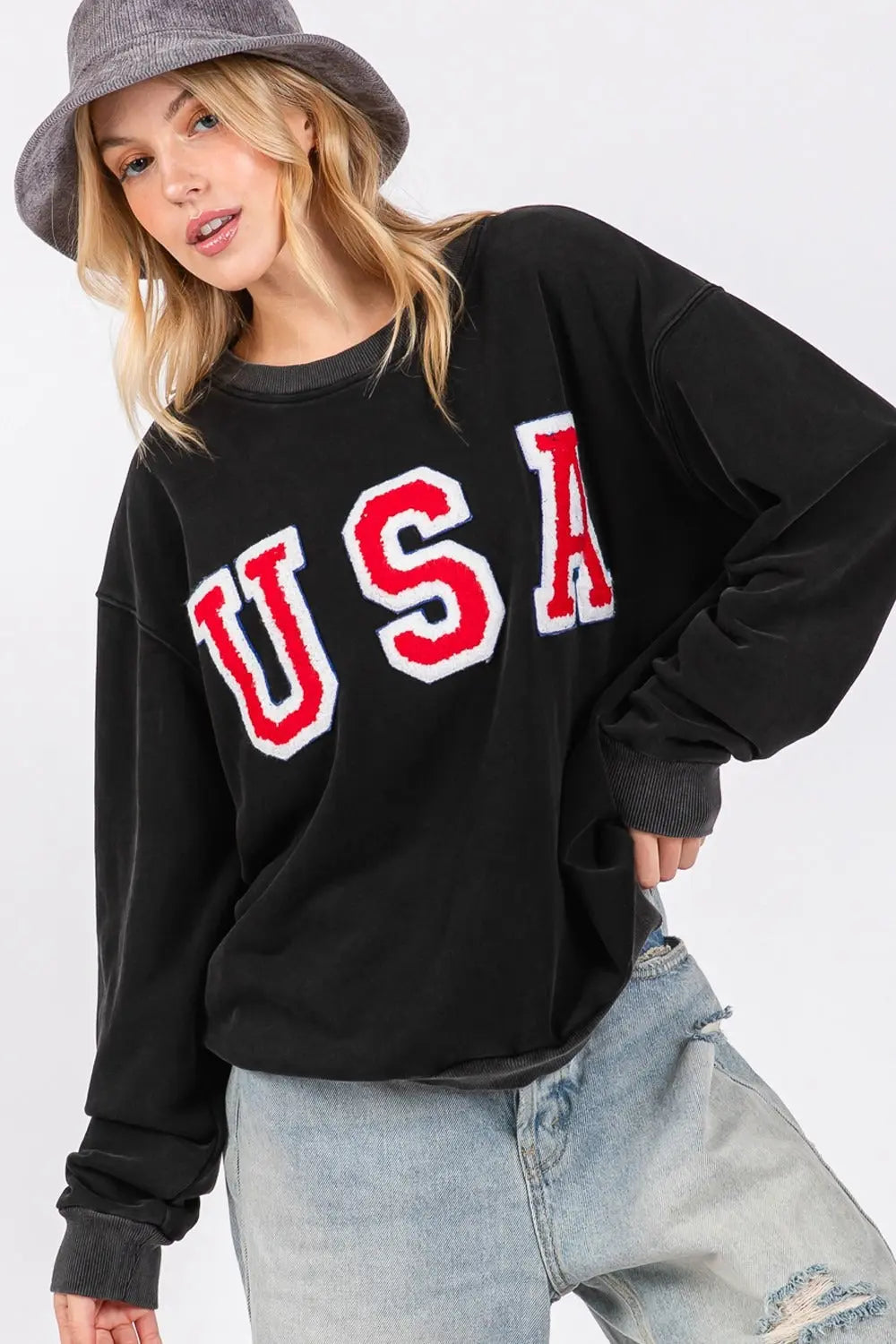 SAGE + FIG USA Letter Patch Round Neck Sweatshirt Trendsi