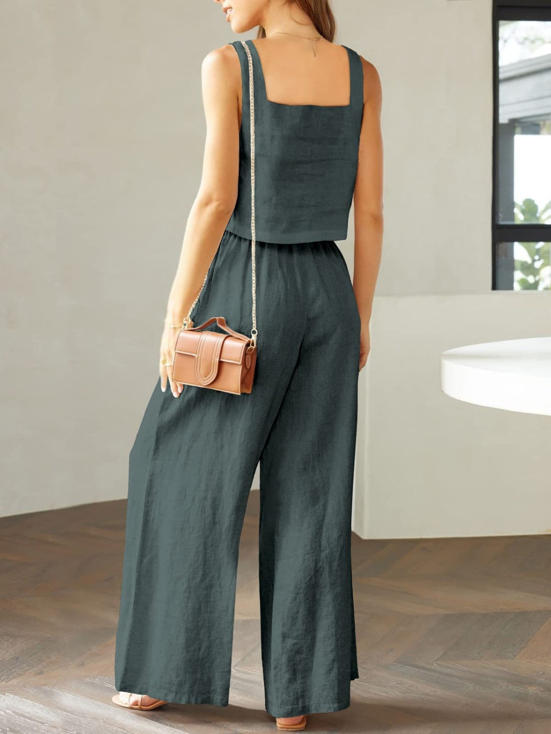 Square Neck Top and Wide Leg Pants Set Trendsi