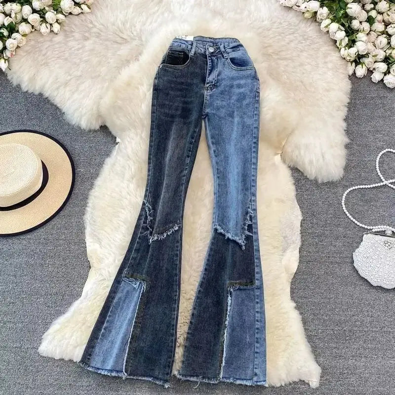 Color Matching Fashionable Elegant Bell-bottom Pants Jeans High Waist Slim Fit Slimming ARZ