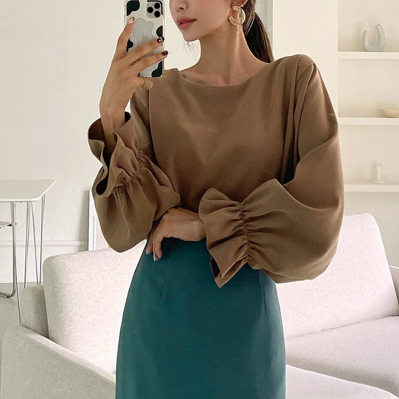 Pure Color Casual Versatile Round Neck Long Sleeve Top ARZ