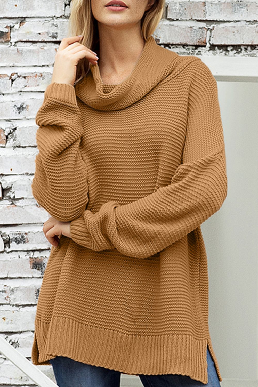 Side Slit Turtleneck Long Sleeve Sweater Trendsi