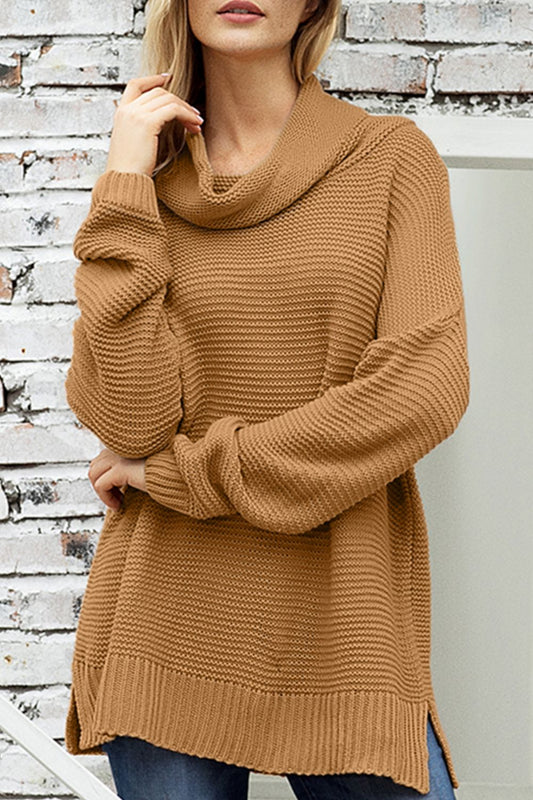 Side Slit Turtleneck Long Sleeve Sweater Trendsi