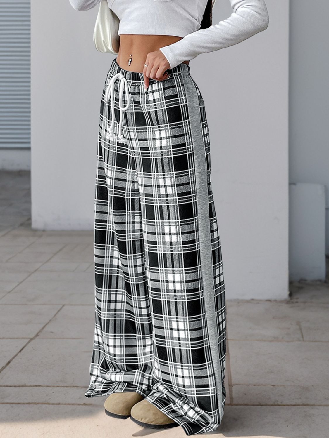 Perfee Drawstring Plaid Wide Leg Pants Trendsi