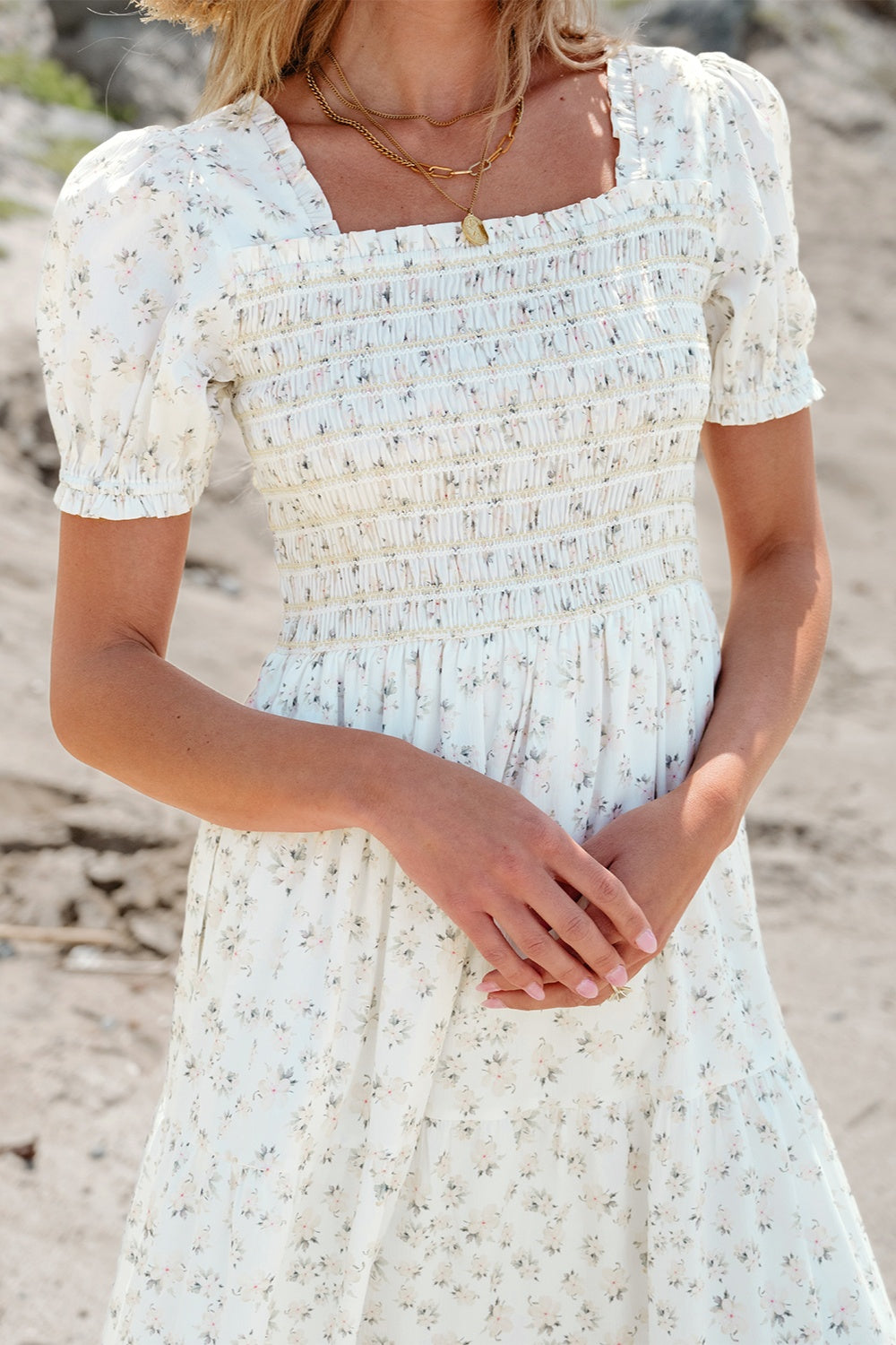 Smocked Printed Square Neck Short Sleeve Dress Trendsi