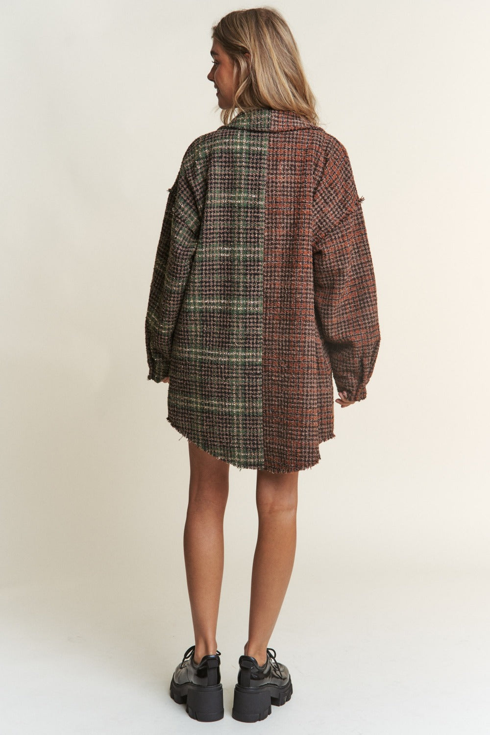 J.NNA Snap Down Tweed Plaid Contrast  Longline Shacket Trendsi