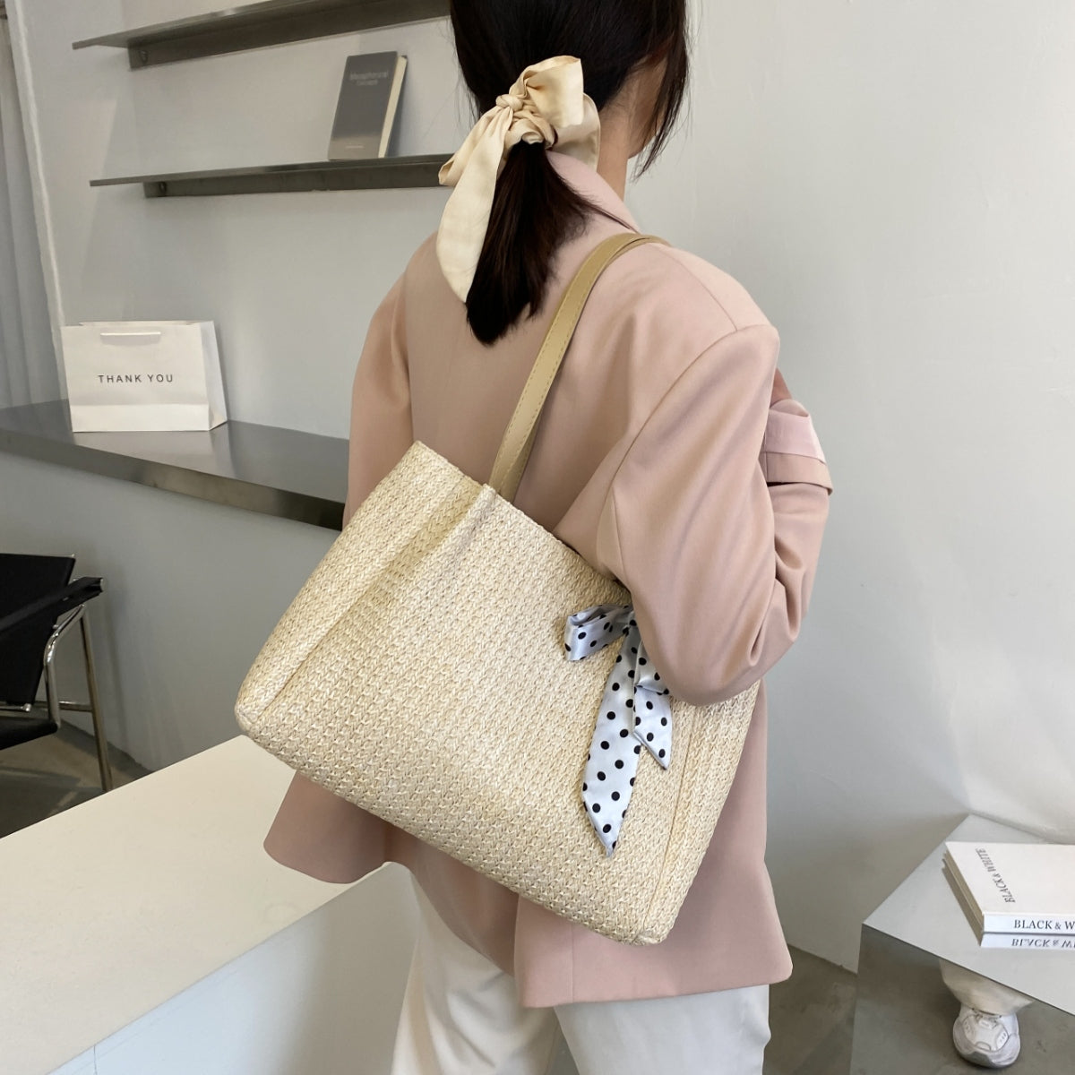 Straw Woven Leather Strap Handbag Trendsi