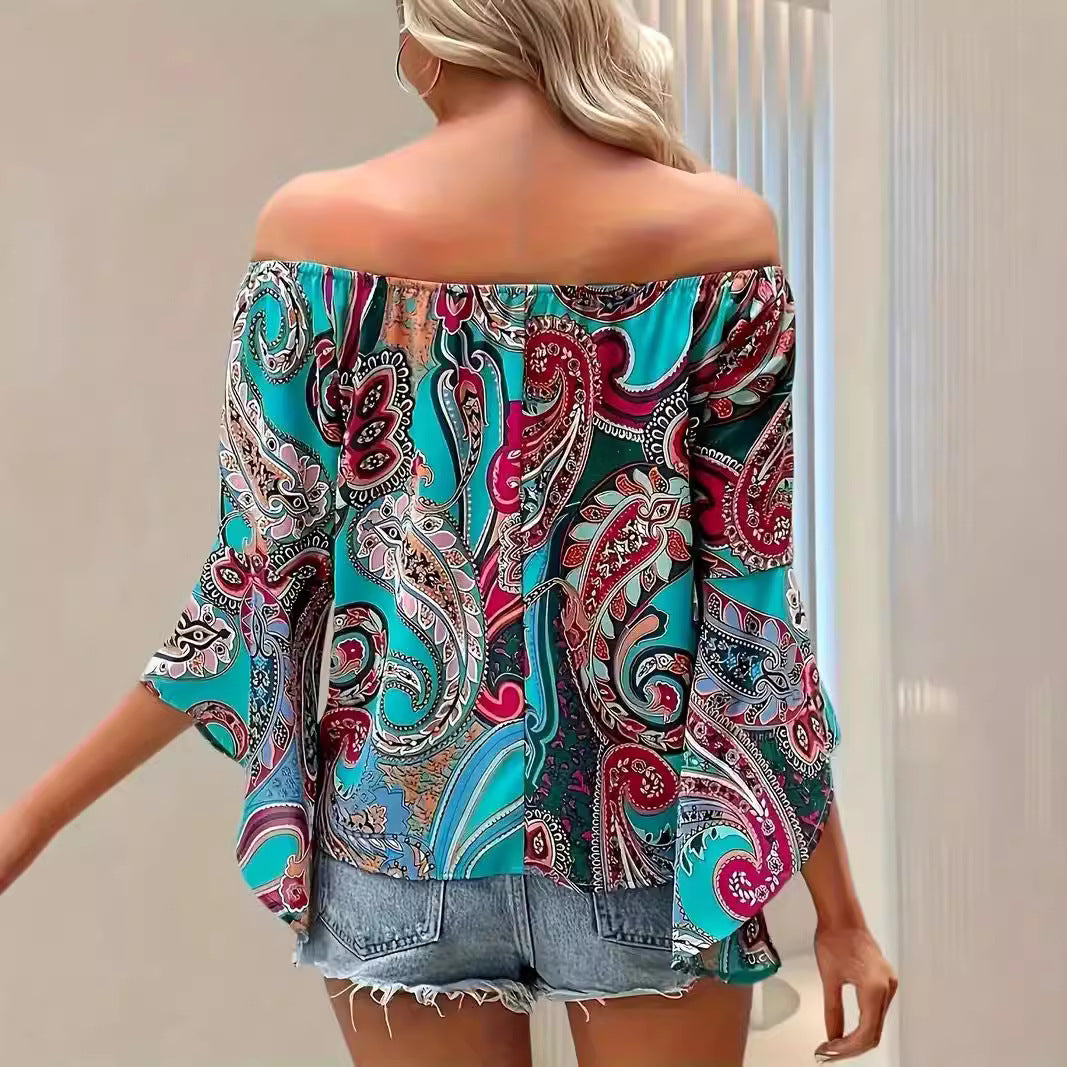 Printed Off-the-shoulder Women's Shirt Elegant Ruffle Sleeve Printed Blouse Sexy ARZ