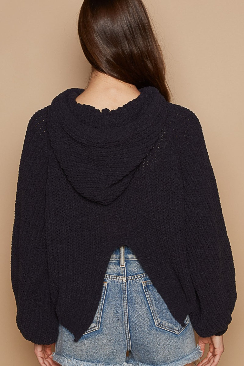 POL Back Open Slit Balloon Sleeve Crop Hooded Sweater Trendsi