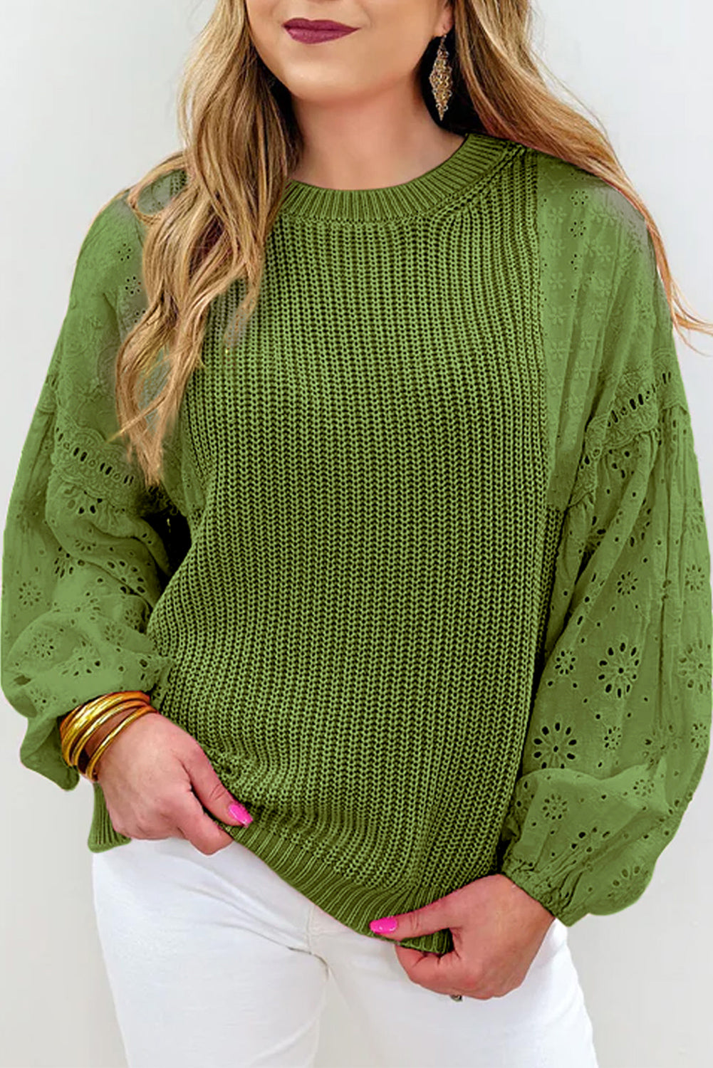 Eyelet Round Neck Drop Shoulder Sweater Trendsi