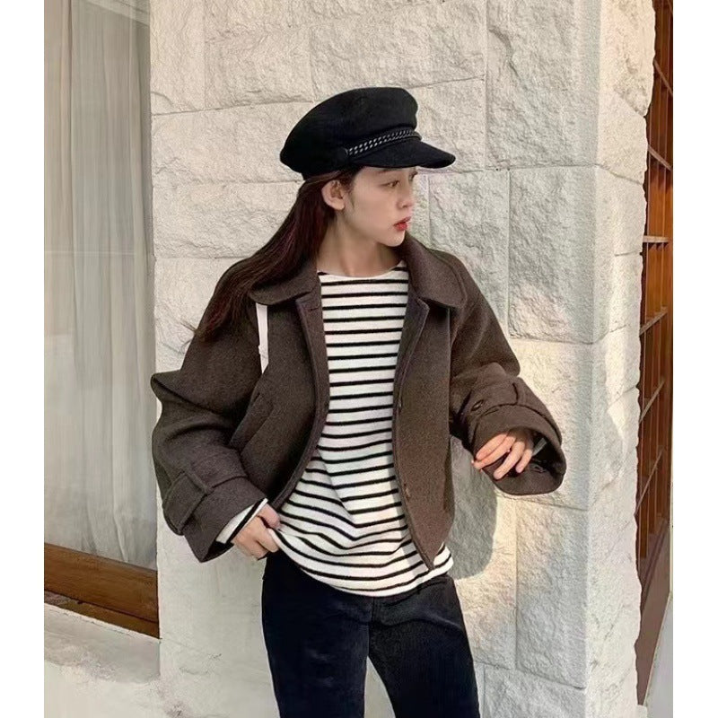 Retro Peter Pan Collar Single-breasted Loose All-match Solid Color Long-sleeved Woolen Coat ARZ