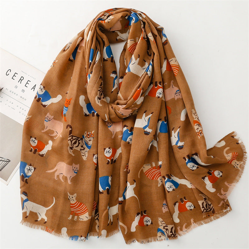 Cotton And Linen Hand Scarf Fashion Cat Cartoon Thermal Shawl ARZ