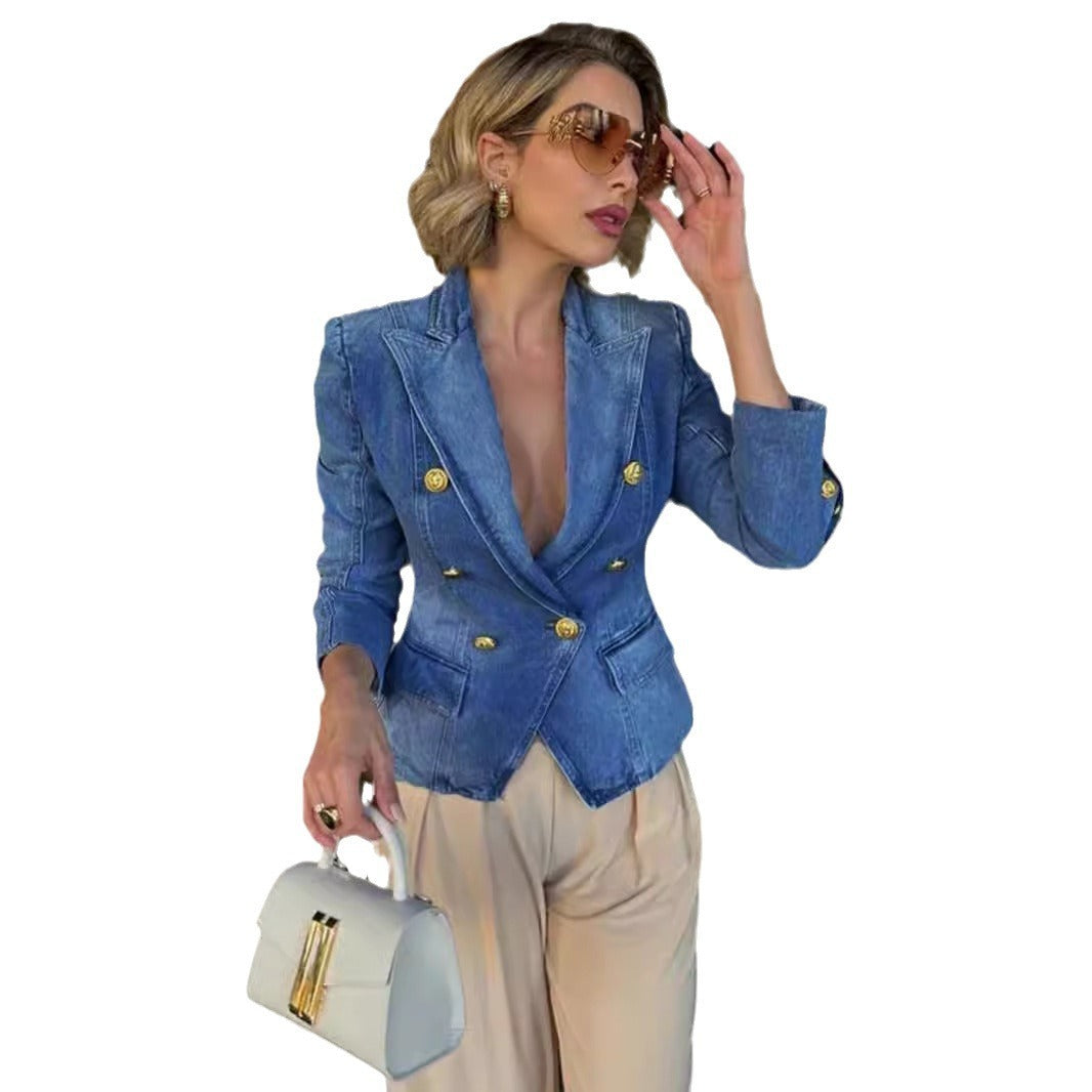 Women's Denim Jacket Suit Double Breasted Slim Fit ARZ