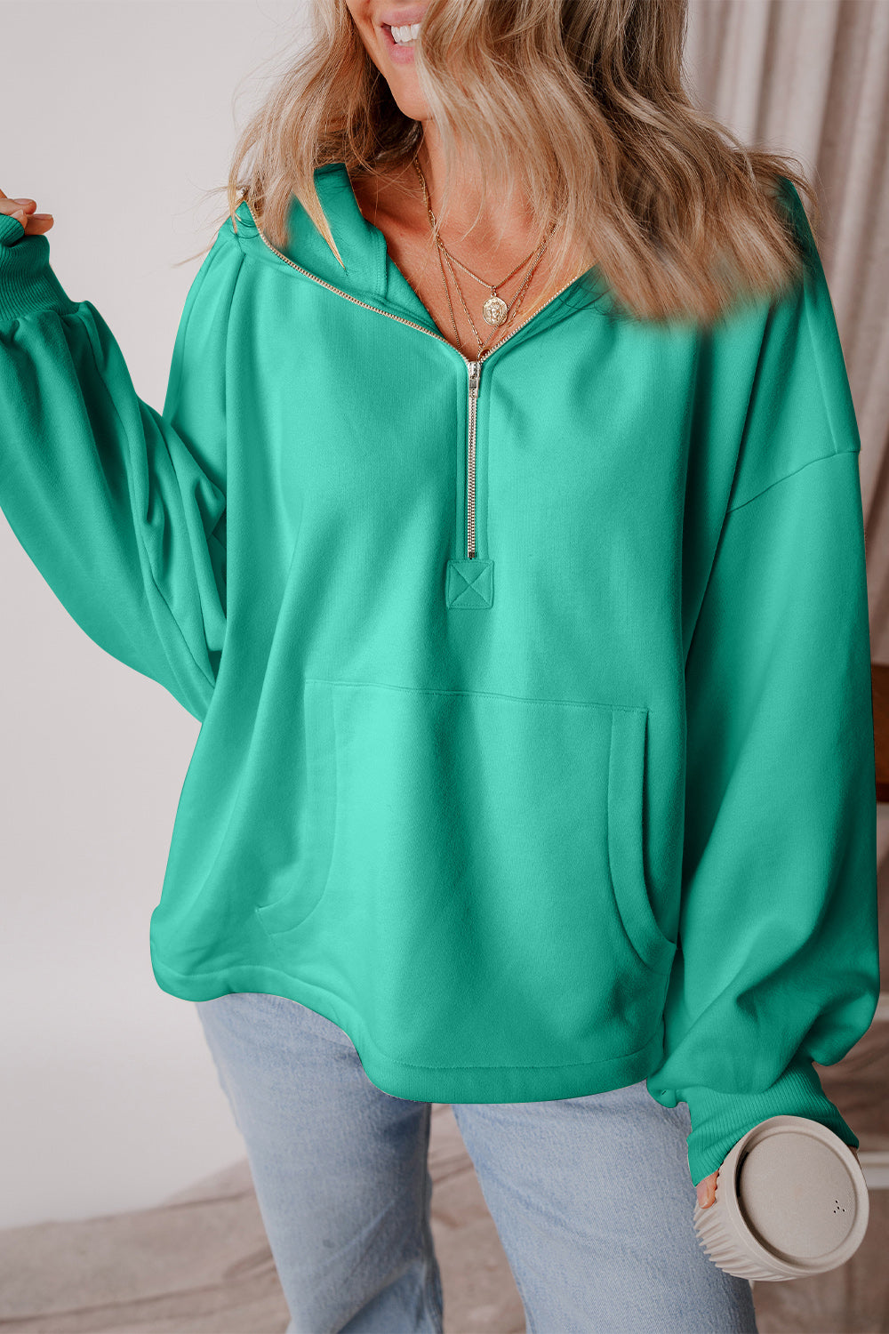 Pocketed Half Zip Dropped Shoulder Hoodie Trendsi