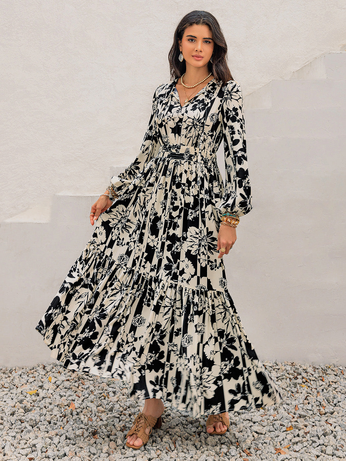 Smocked Printed Tie Neck Long Sleeve Dress Trendsi