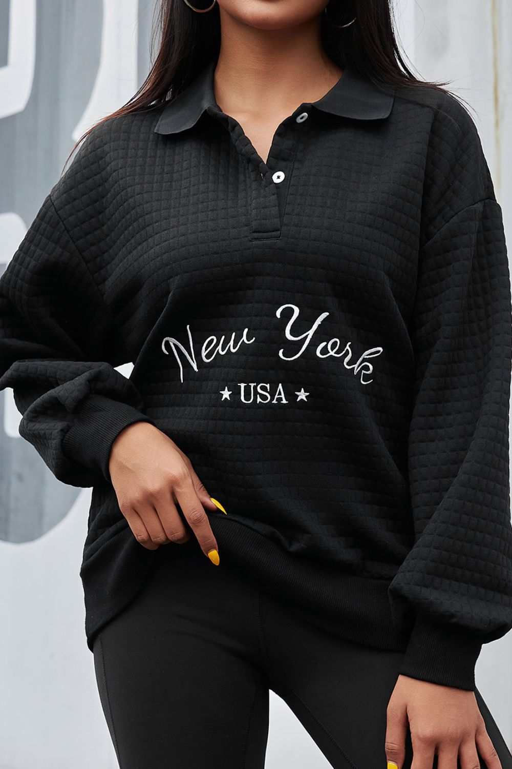 NEW YORK USA Button Detail Long Sleeve Sweatshirt