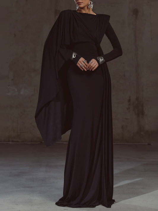 Solid Color Shawl Long Sleeve Maxi Dress ARZ