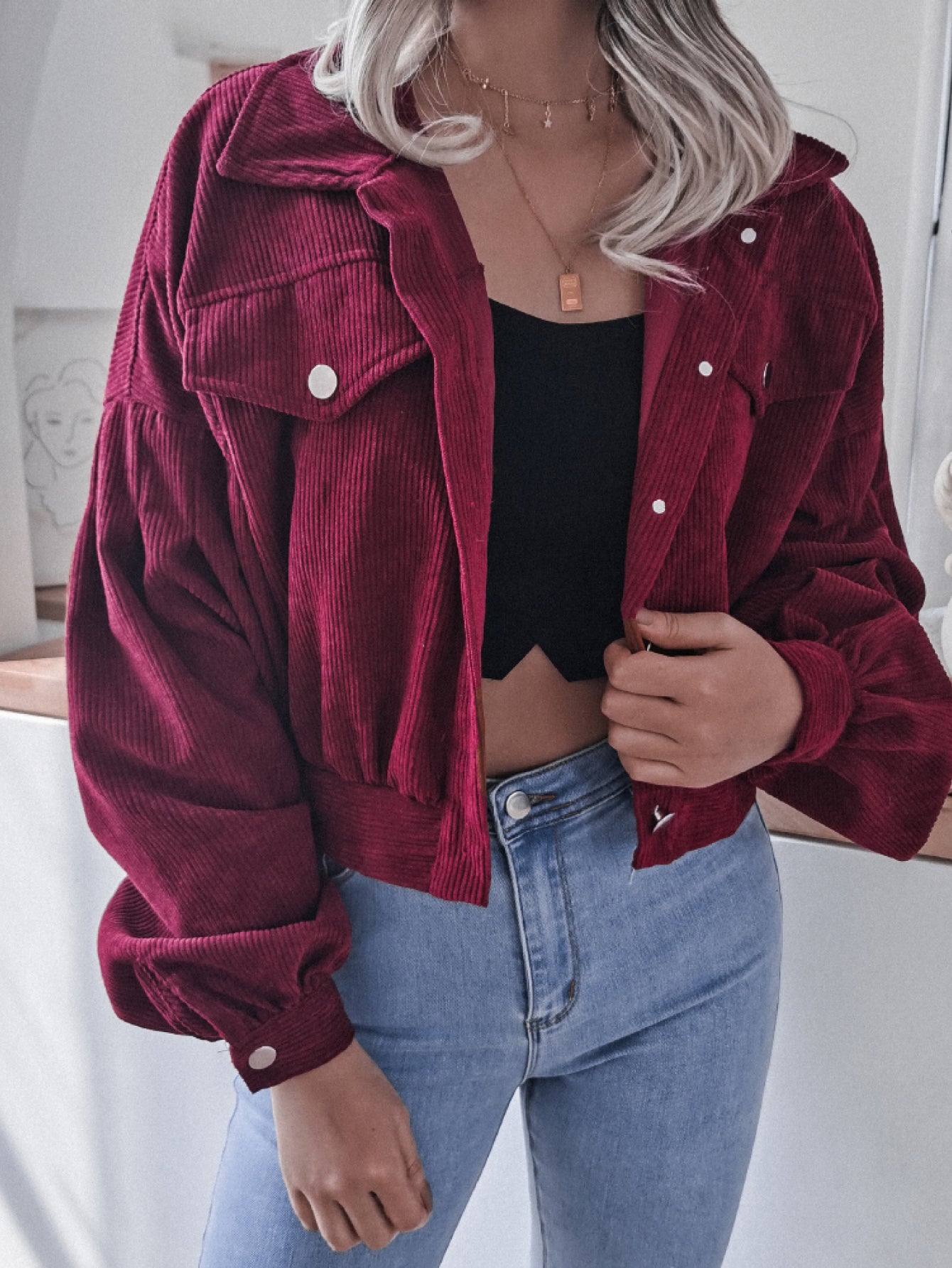 Lantern Sleeve Cropped Corduroy Jacket Trendsi