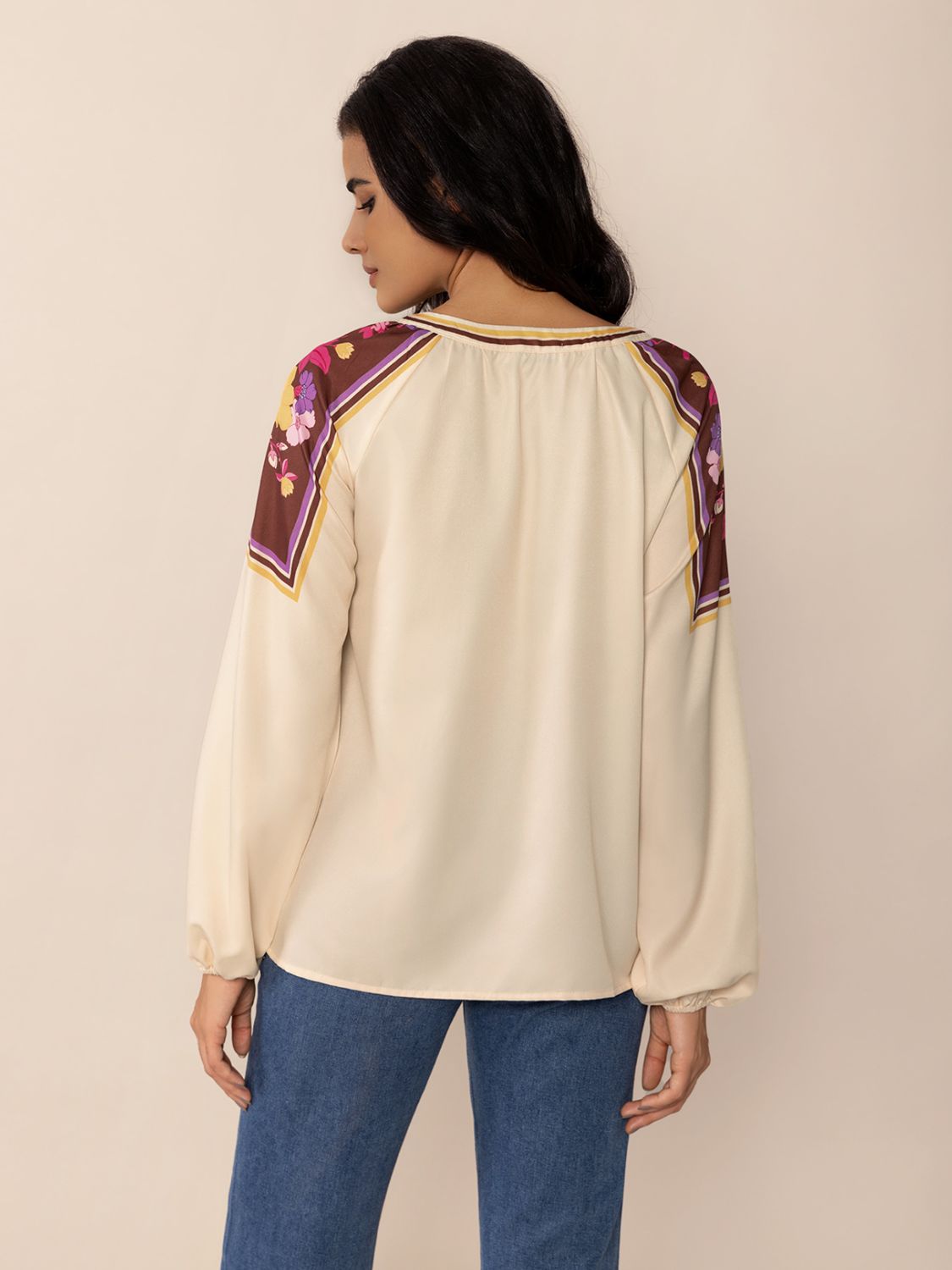 Printed Notched Long Sleeve Blouse Trendsi