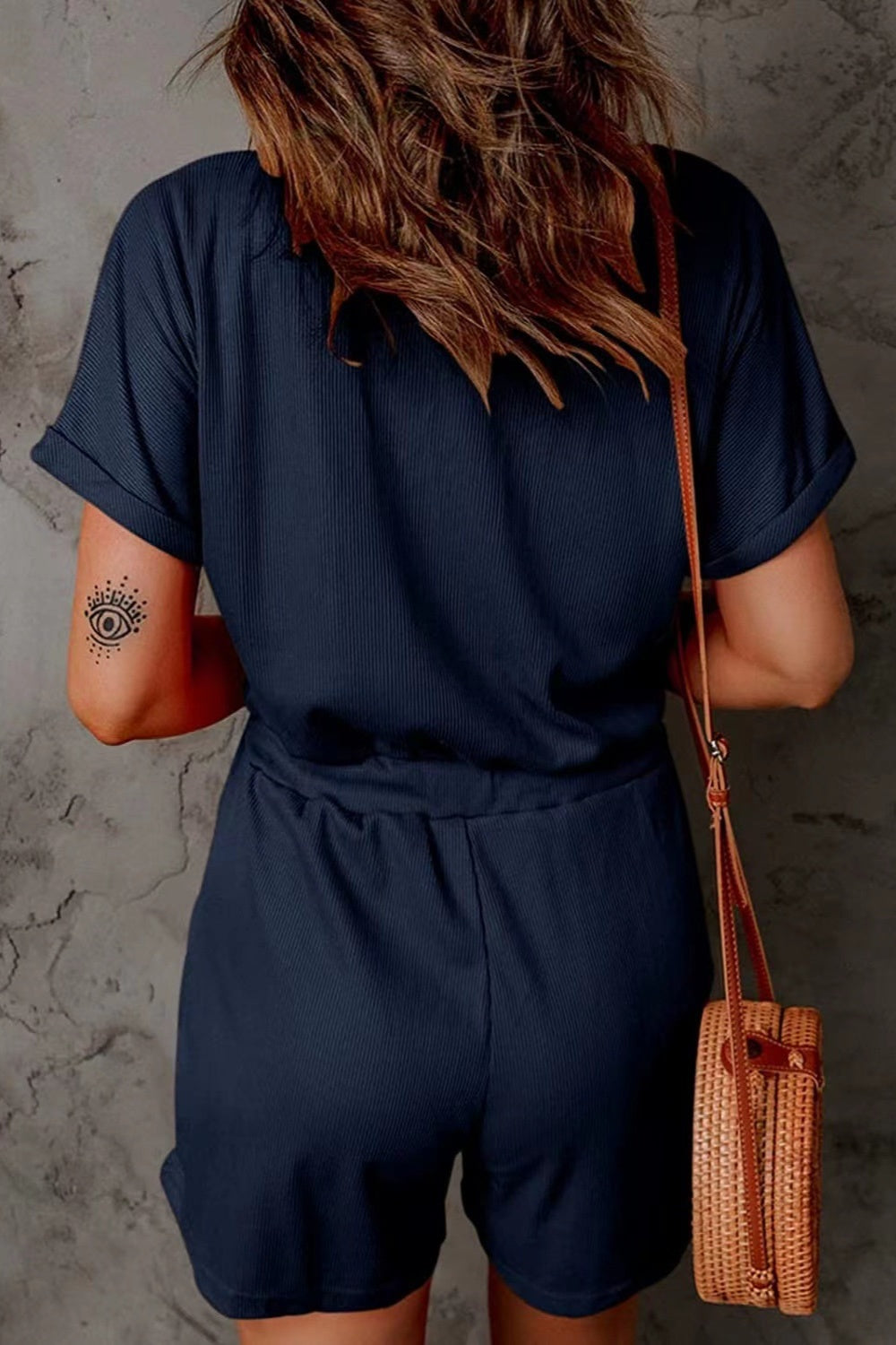 Full Size Drawstring V-Neck Short Sleeve Romper Trendsi