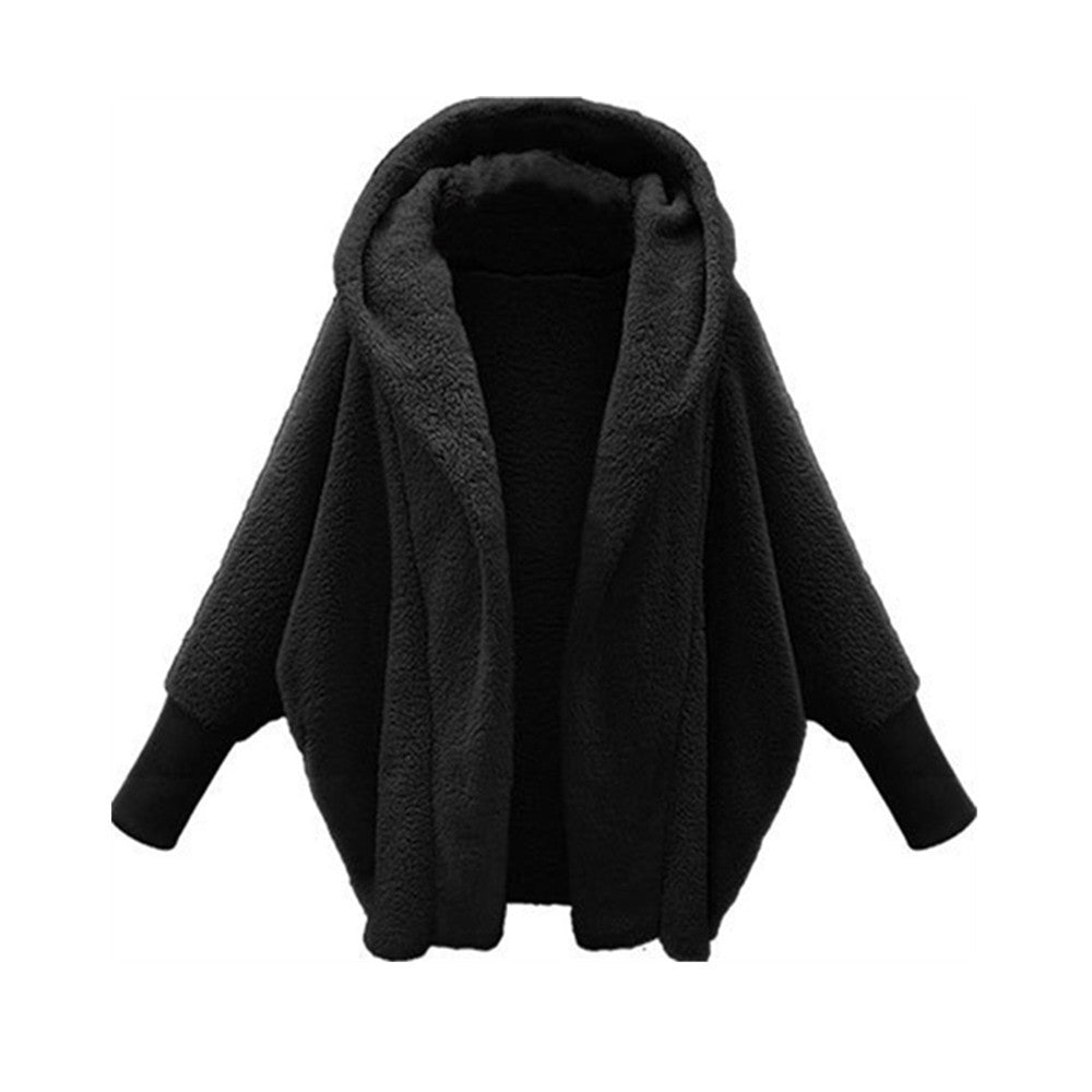 European And American Women's Clothing Solid Color Long Sleeve Hooded Loose Plush Coat ARZ